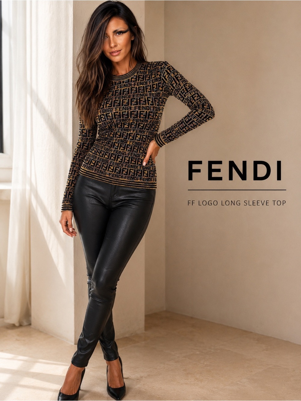 Fendi Brown and Black FF Logo Long Sleeve Top